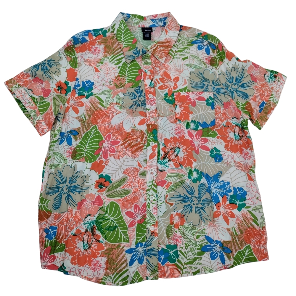 Basic Editions Multicolor Floral Short Sleeve Button Up Collared Camp Shirt Top